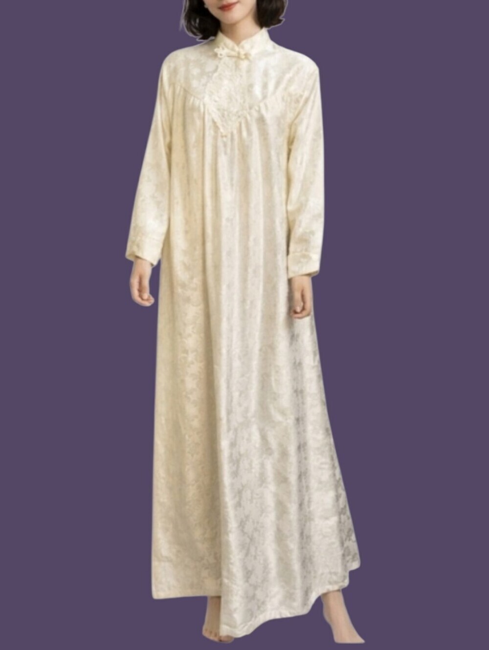 Vtg APPEL Winter White Asian Satin Tapestry Maxi Nightgown